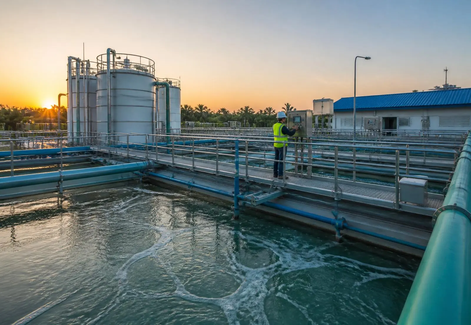 Engineer inspecting a control panel at a wastewater treatment plant at sunrise