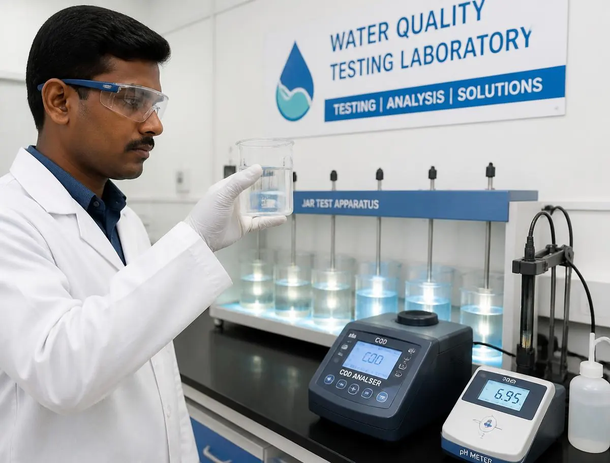 Technician checking treated water quality against COD and pH instruments in a laboratory